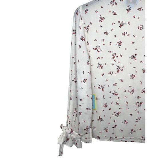 CeCe Breezy Sprigs Ecru Floral Print Long Sleeve V-Neck Tie-Cuff Blouse Large - Picture 10 of 15